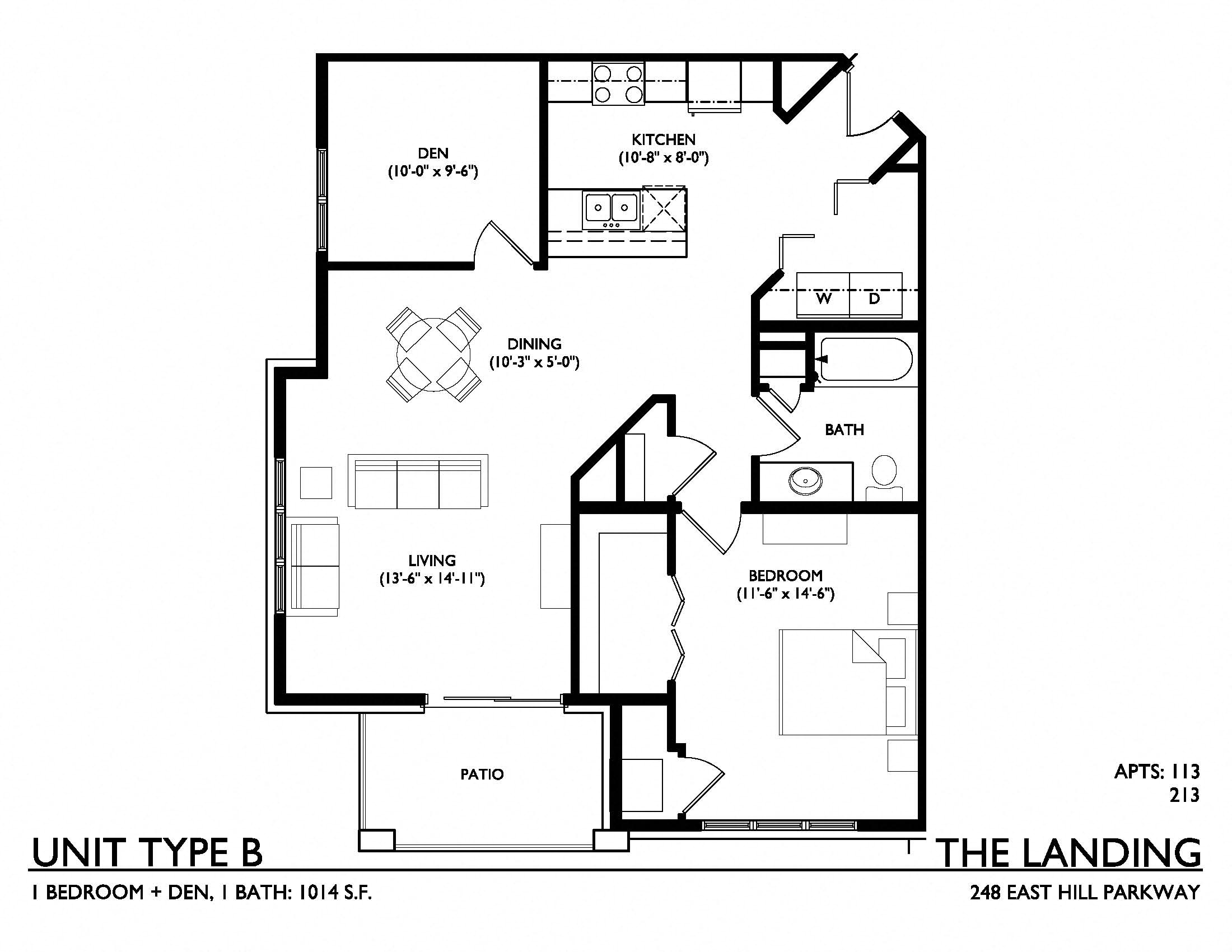 Floor plan for 1 bed, 1 bath, 1014 sqft